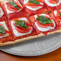 Sicilian Caprese · Fresh mozzarella, tomatoes, roasted red peppers, olive oil & basil pie