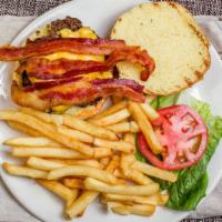 Bacon Cheeseburger · American, Swiss, cheddar, mozzarella or muenster. 3 strips of bacon.