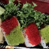 Third Avenue Roll · Spicy salmon, tuna, yellowtail & avocado, topped with three kinds of tobiko, served with spi...