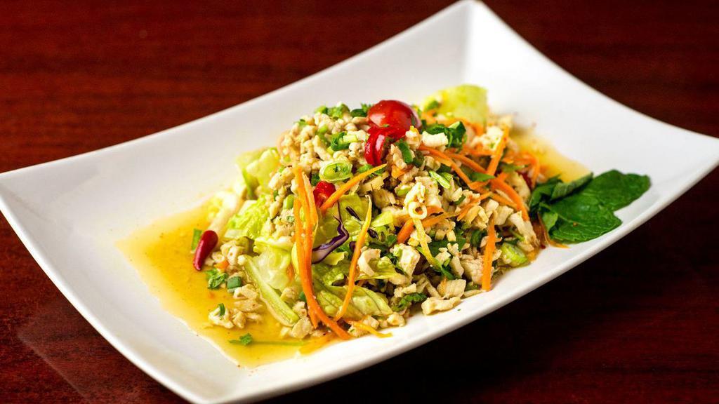 Larb Salad · Little spicy. Choice of minced chicken, minced tofu or minced roasted duck. Crispy rice, mint leaves, scallion, lemongrass, shallot and chili tossed in lime dressing.