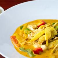 Chicken Jungle Curry · Thai eggplant, bamboo shoots and bell peppers string bean, peppercorn, pickled galangal and ...