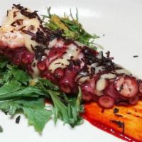 Grilled Octopus · Served with spicy gochujang sauce; side with a small salad with yuzu ginger dressing & miso-...