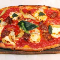 Nduja & Carciofi Pizza · Nduja contains roasted peppers. Spicy, spreadable pork salami, artichokes, san marzano tomat...