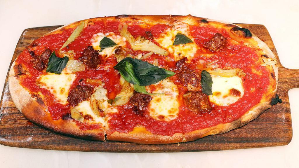 Nduja & Carciofi Pizza · Nduja contains roasted peppers. Spicy, spreadable pork salami, artichokes, san marzano tomato, and mozzarella.