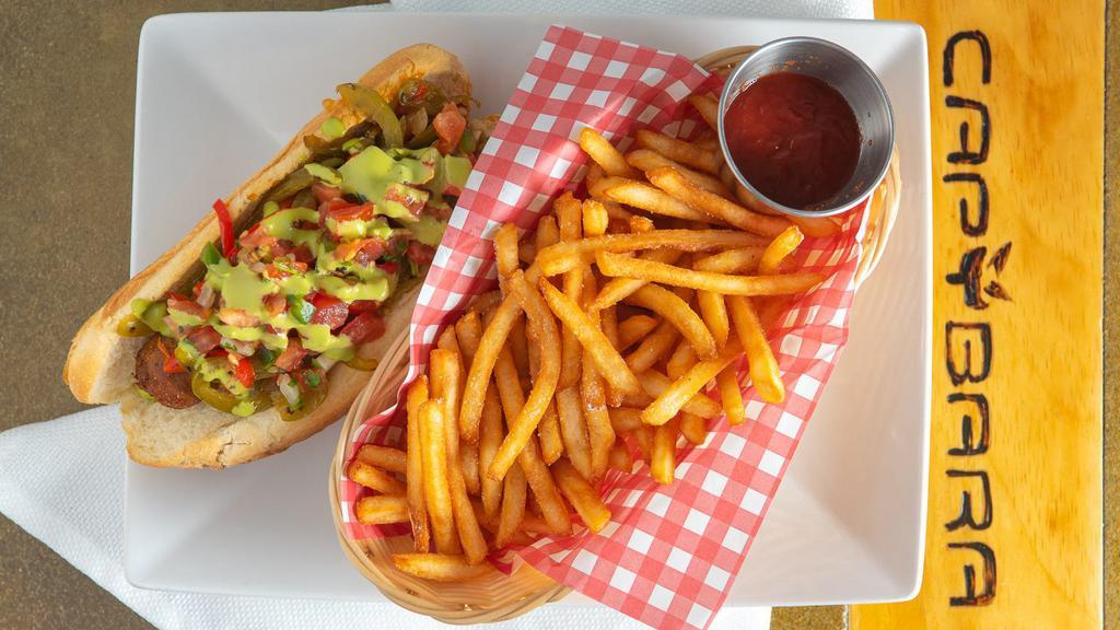 Capybara Sausages & Peppers · Vegan sausages, Caramelized onions and peppers, Pico de gallo and cilantro aioli. Choice of Fries. Sweet potatoes or Side salad