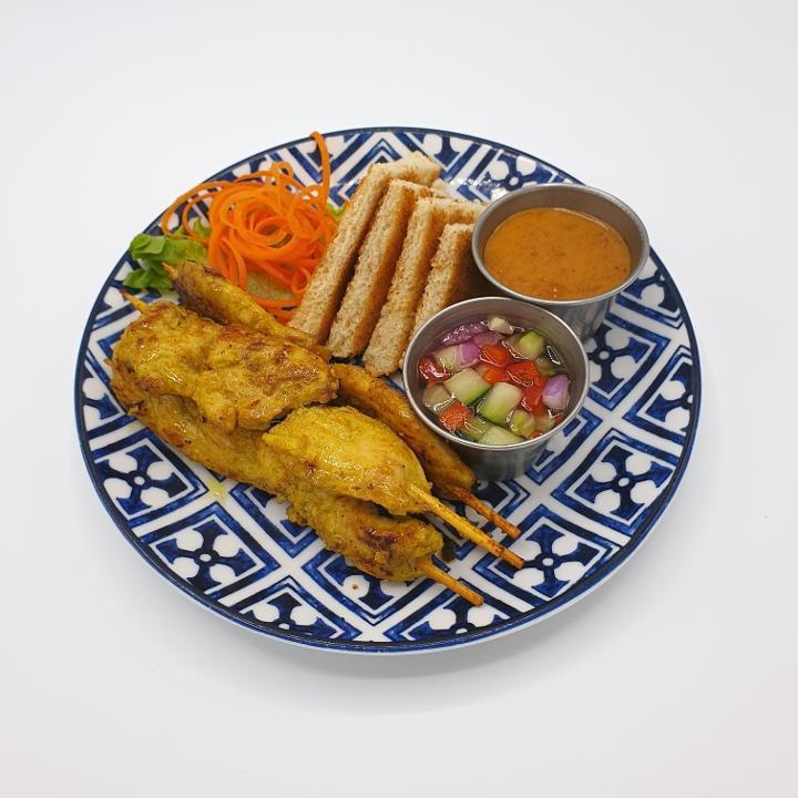 A-11 Chicken Satay · Grilled chicken skewers served with peanut sauce and cucumber relish and toast. **If you need plastic utensils, please request.**