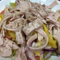 #16 Turkey Salad · Prepared with lettuce, tomato, onion, banana hot peppers, oil, vinegar and oregano.