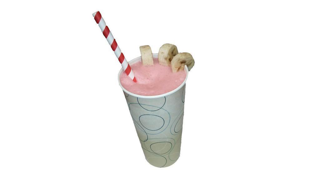 Strawberry Banana Milkshake · Strawberry soft-serve ice cream blended with a fresh banana
