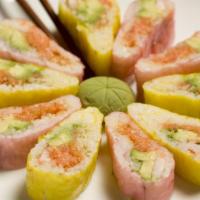 Fresh Love Roll · 10 pieces. Inside: tuna yellowtail, salmon, masago and avocado. Outside: soy paper wrap in i...