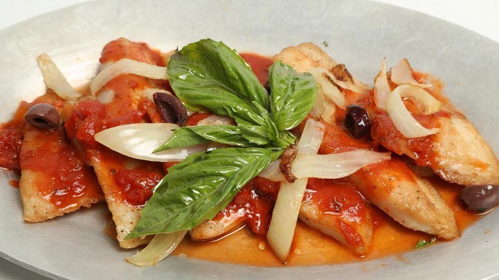 Tuscany Fish Livornese · Fillet (boneless) trout topped with Kalamata olives, capers, and a light tomato sauce. GF