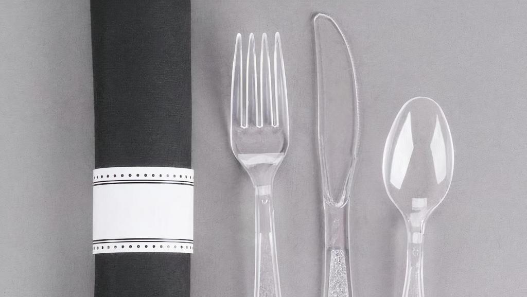 Pre-Rolled Cutlery Set · Black Pre-Rolled Linen-Feel Napkin and Clear Heavy Weight Plastic Cutlery