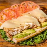 Grilled Chicken Avocado Sandwich · Grilled chicken breast, toasted with Swiss cheese, fresh avocado, juicy tomato and homemade ...