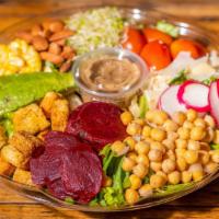 Hudson Market Salad · Fresh beets, avocado, corn, cherry tomatoes, toasted almonds, chickpeas, radish, sprouts, pa...