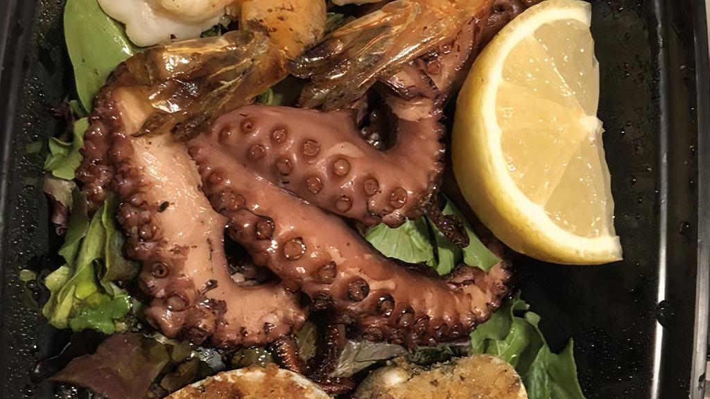 Misto Mare · Assortment of grilled baby octopus, shrimp & baked littleneck clams.