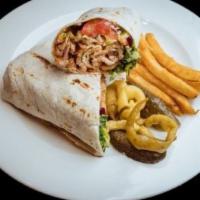 Chicken Adana Wrap · Hand chopped chicken mixed with red bell peppers and seasonings grilled on a skewer, served ...