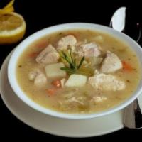Chicken Vegetable Soup · Creamy broth with celery, carrots, potato and peppers with chicken chunks.
