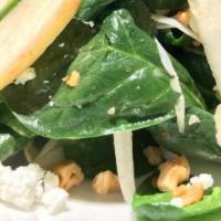 Endive & Apple Salad · Baby Spinach, Blue Cheese Crumbles, and Walnut Vinaigrette.