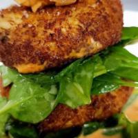 Crab Cake Tower · Roasted Red Pepper Aioli, Baby Spinach.