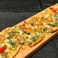 Shrimp & Corn Pizza · Grilled Scallion, Charred Peppers, Light Cheese.