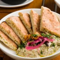 Baba Ganoush · pickled red onion, garlic chips, portuguese sardines, parsley, pita