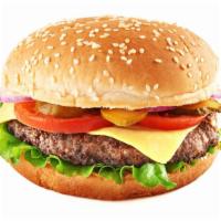 The Cheeseburger · Juicy beef patty, creamy cheese, lettuce, tomatoes on a seeded bun with a side of pickles an...