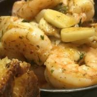Garlic Shrimp · Hot. A crock of tender shrimp, sautéed in a ridiculous amount of garlic with olive oil, bone...