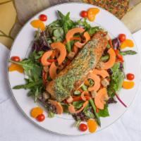 Seared Salmon Steak (8 Oz) · A salmon steak seasoned with orange dust, pan seared and finished in the oven with orange an...