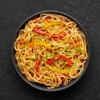 Vegetable Chili Garlic Noodles · Stir-fried chili noodles with garlic vegetables.