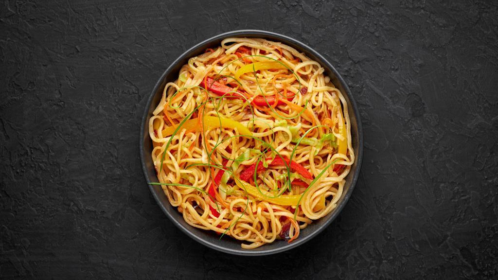 Vegetable Chili Garlic Noodles · Stir-fried chili noodles with garlic vegetables.