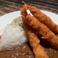 Japanese Curry With 3Pc Of Fried Shrimp / エビフライカレー · Spicy Curry Sauce with Ground OXtail, Beef and Pork over White Rice + Fried Shrimp