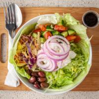 Greek Salad · A combination of romaine and iceberg lettuce, kalamata olives, red onion, cucumbers, grape t...