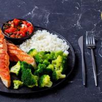 Broiled Salmon · Classic salmon plate with steamed veggies and rice.