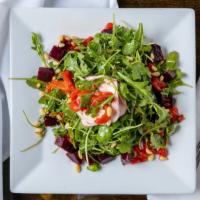 Beet It · Baby arugula, honey roasted beets, fresh mozzarella, toasted pine nuts, roasted red peppers,...