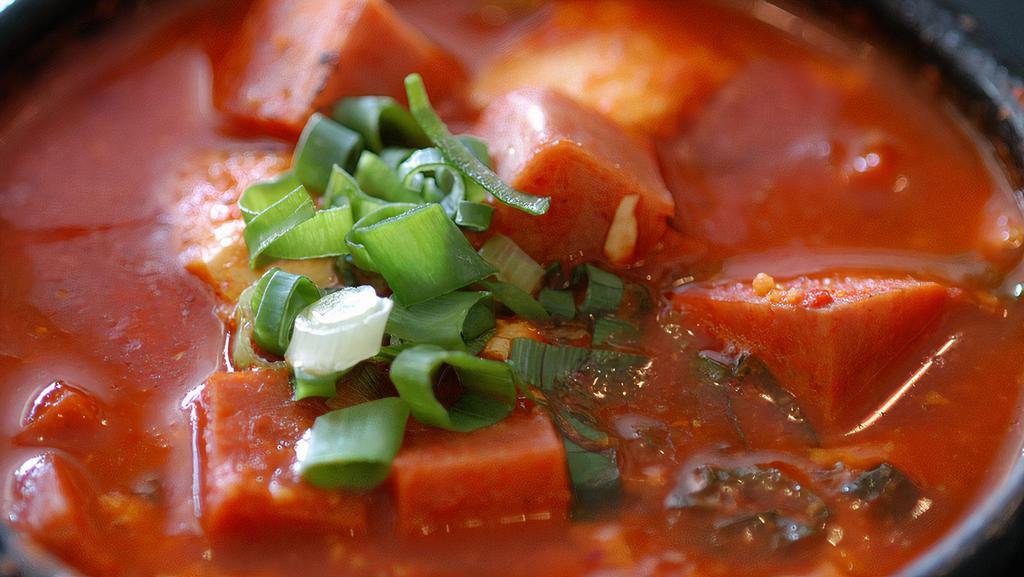 Spam Soft Tofu Soup · soondubu -  rice and 4 kind of banchan kimchi , turnip kimchi ,beans sprout , green vegetable