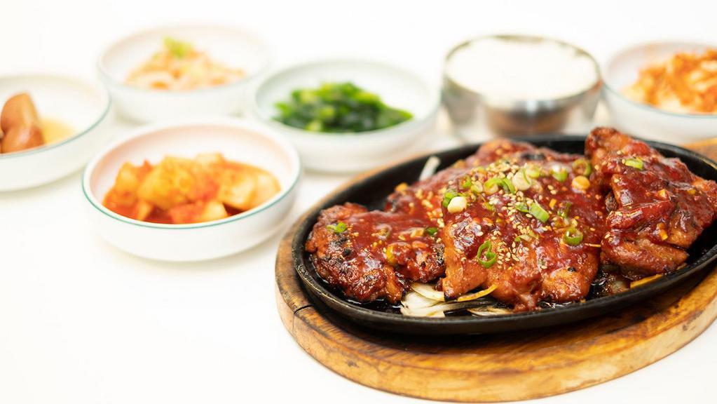 Spicy Bbq Chicken · spicy bbq chicken with korean gochujang sauce , rice ,4  kind of vegetable included  kimchi