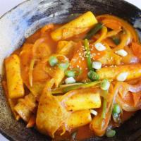 Rice Cake Spicy · spicy rice cake - gochujjang sauce ( korean style chili sauce ) 
4 kind side dish (  banchan...