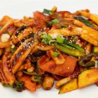 Spicy Stir Squid With Chili Sauce Gochujang · spicy stir squid with vegetable  , gochujang sauce ( korean chili sauce )
rice , 4 kind of v...