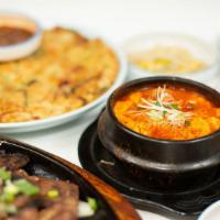 Sogongdong Special · for 2 person , soft tofu soup choice  , kalbi ,  seafood pancake , spicy raw crab , ,  pan f...