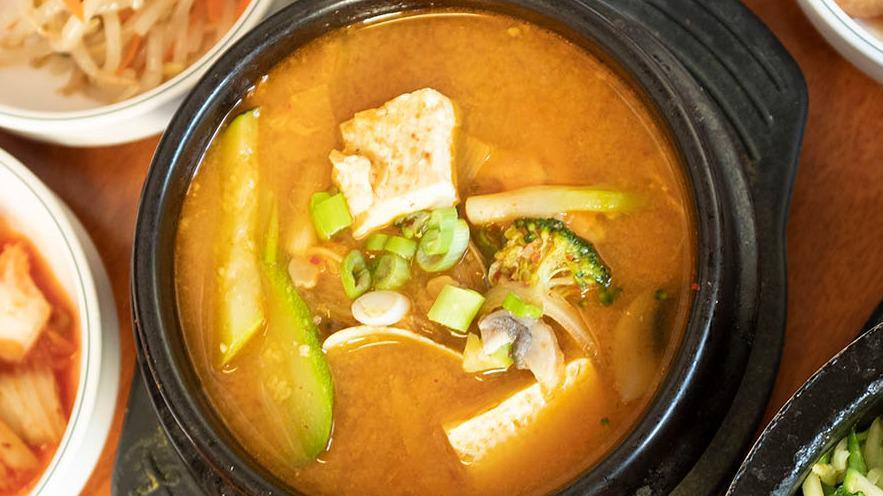 Miso Stew - Chigae · miso stew ( chigae ) with assorted seasonal vegetable , rice ,4 kind of vegetable ( banchan )  included kimchi , green vegetavle tec