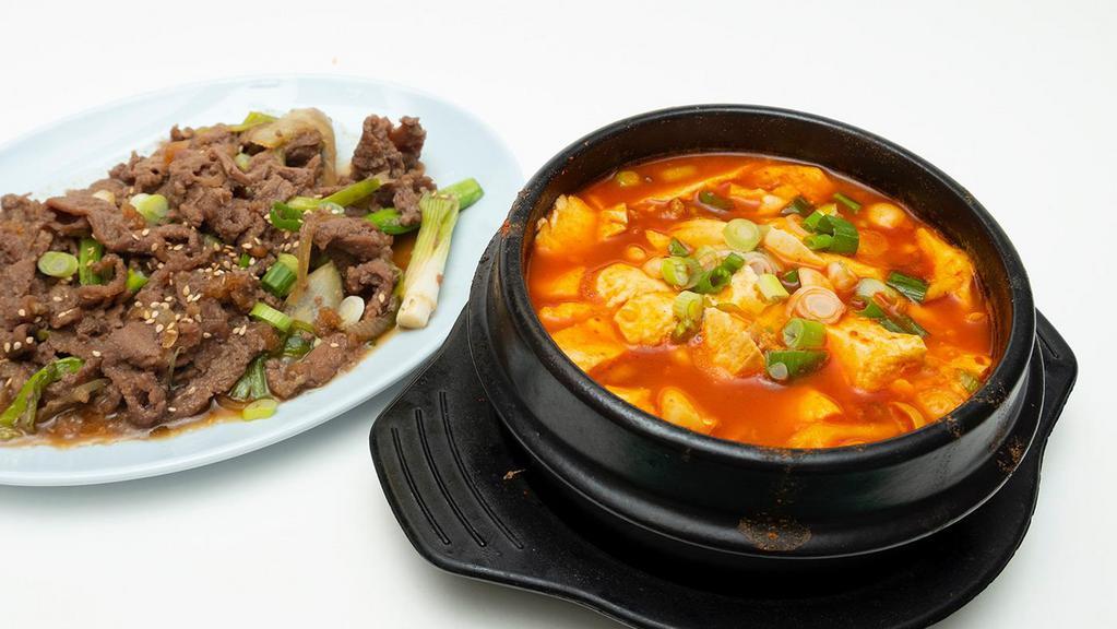 Tofu Soup Choice & Bulgogi · bulgogi and one choice of tofu soup from original , combo , seafood , kimchi , beef intestine , spam , sausage , mushroom , clam , dried seaweed , vegetable