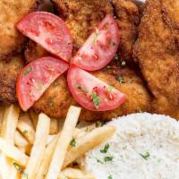 Milanesa De Pollo · Breaded chicken breast Milanesa style, served with rice and french fries.