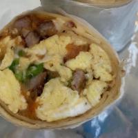 Southwest Breakfast Burrito  · 3 scrambled eggs, sausage, tomatoes, onions,
    cilantro, chili peppers and Swiss cheese