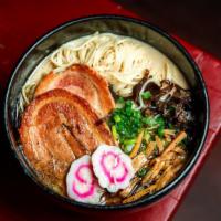 Tonkotsu · Pork broth served with thin noodles topped with chashu pork jowl, kikurage, menma, scallions...
