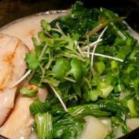 Chicken Ramen · Chicken broth served with thin noodles topped with chicken chashu, bok choy, spinach, scalli...