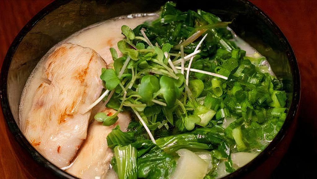 Chicken Ramen · Chicken broth served with thin noodles topped with chicken chashu, bok choy, spinach, scallion.