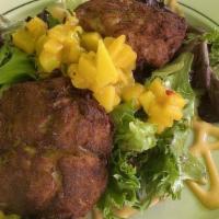 Crab Cakes · Served with mango salsa and spicy aioli.