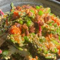 Quinoa & Kale Salad · Roasted Heirloom Carrots, Corn, Tomato, Peas, Cucumber, Mint, Basil, Watermelon Radish,  Pea...