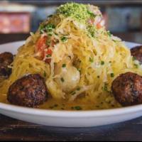 Vegetarian 'Spaghetti & Meatballs' · Roasted Spaghetti Squash, Eggplant Meatballs, Tomato Confit, Parmesan Broth