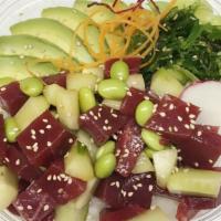 Hawaiian Poke Bowl · With edamame, cucumber, avocado, and seaweed salad on top of sushi rice.