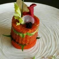 Spicy Tuna Tartare · With avocado , tempura flakes and fish eggs